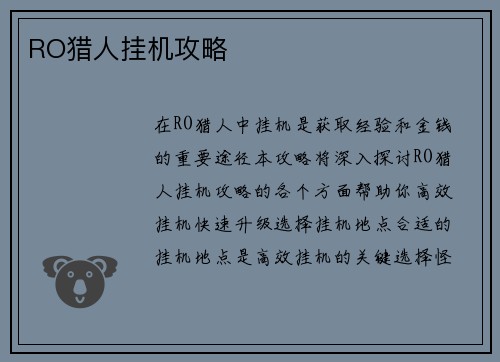 RO猎人挂机攻略