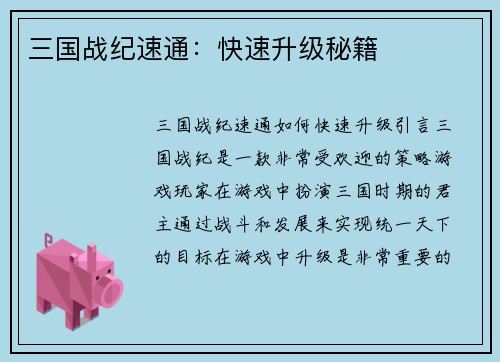 三国战纪速通：快速升级秘籍